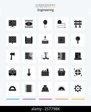 Creative Engineering 25 Glyph Solid Black icon pack  Such As solar. construction. hook. barrier. tape Stock Vector