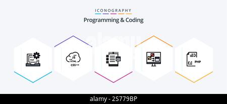 Programming And Coding 25 FilledLine icon pack including computer. app. develop. device. develop Stock Vector