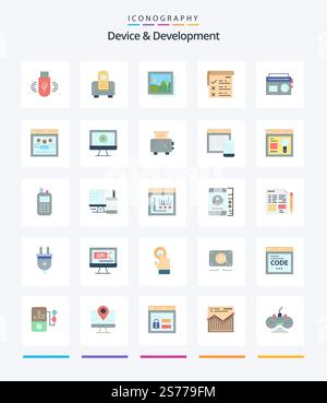 Creative Device And Development 25 Flat icon pack  Such As radio. qa. frame. report. checklist Stock Vector