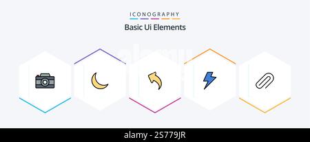 Basic Ui Elements 25 FilledLine icon pack including paper. clip. arrow. electric. power Stock Vector