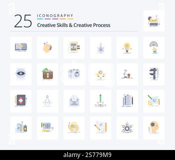 Creative Skills And Creative Process 25 Flat Color icon pack including flask. research. idea. files. sale Stock Vector