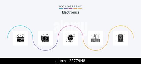 Electronics Glyph 5 Icon Pack Including . speaker. light. loudspeaker. keyboard Stock Vector