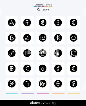 Creative Currency 25 Glyph Solid Black icon pack  Such As currency.. finance. rican. costa Stock Vector