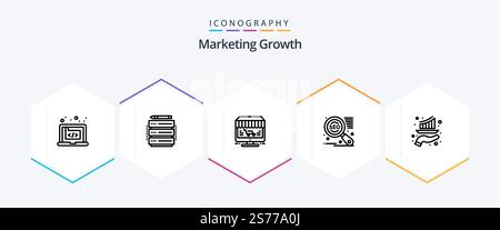 Marketing Growth 25 Line icon pack including bar. seo. server. search engine. store Stock Vector