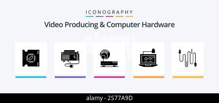 Video Producing And Computer Hardware Glyph 5 Icon Pack Including laptop. hardware. source. computer. network. Creative Icons Design Stock Vector