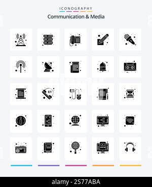 Creative Communication And Media 25 Glyph Solid Black icon pack  Such As sound. mic. home. script. screenplay Stock Vector