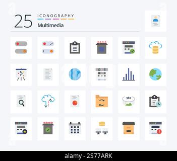 Multimedia 25 Flat Color icon pack including strategy. board. setup. hosting. backup Stock Vector