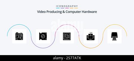 Video Producing And Computer Hardware Glyph 5 Icon Pack Including dvd. mouse interface. chip. interface. processor Stock Vector