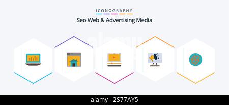Seo Web And Advertising Media 25 Flat icon pack including loudspeaker. speaker. layout. mp mp. player Stock Vector