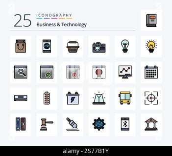 Business & Technology 25 Line Filled icon pack including creative. technology. basket. photography. camera Stock Vector