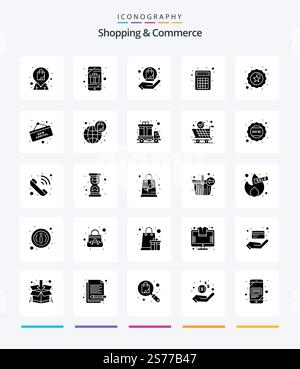 Creative Shopping And Commerce 25 Glyph Solid Black icon pack  Such As badge. mathematics. surprise. calculator. shopping Stock Vector