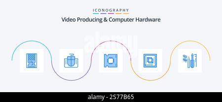 Video Producing And Computer Hardware Blue 5 Icon Pack Including processor. cpu. computer. computer. processor chip Stock Vector