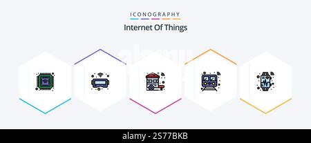 Internet Of Things 25 FilledLine icon pack including device. train. smart. smart. internet Stock Vector
