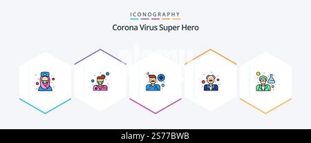 Corona Virus Super Hero 25 FilledLine icon pack including doctor. human. avatar. doctor. senior Stock Vector