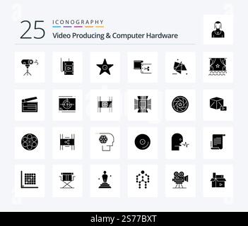 Video Producing And Computer Hardware 25 Solid Glyph icon pack including special. graphics. clip. effects. movie Stock Vector