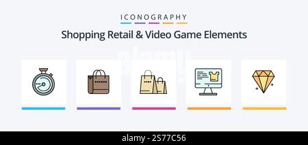 Shoping Retail And Video Game Elements Line Filled 5 Icon Pack Including . location. board. globe. shopping. Creative Icons Design Stock Vector