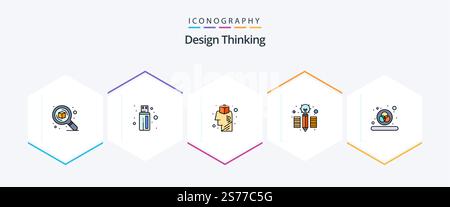 Design Thinking 25 FilledLine icon pack including rgb. color. brain. pencil. creative Stock Vector