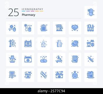 Pharmacy 25 Blue Color icon pack including science. beat. healthcare. pharmacy. drugstore Stock Vector