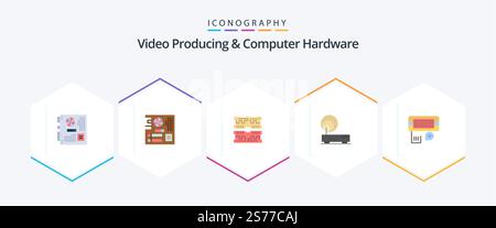 Video Producing And Computer Hardware 25 Flat icon pack including network. hardware. mainboard. connection. computer Stock Vector