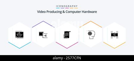 Video Producing And Computer Hardware 25 Glyph icon pack including movie. film. editing. crew. scenario Stock Vector