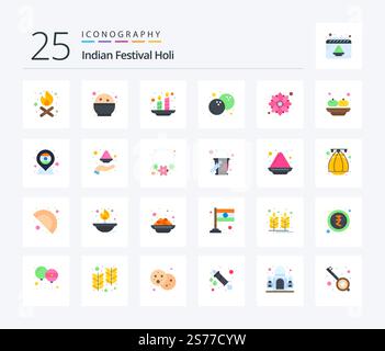 Holi 25 Flat Color icon pack including party. pattern. holi. decoration. food Stock Vector