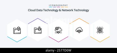 Cloud Data Technology And Network Technology 25 Line icon pack including gear . signal. cloud. wifi. cloud Stock Vector
