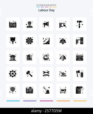Creative Labour Day 25 Glyph Solid Black icon pack  Such As watch kit. claw hammer. announce. trowel. construction Stock Vector