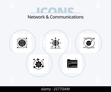 Network And Communications Glyph Icon Pack 5 Icon Design. good. ok. documents. world. network Stock Vector