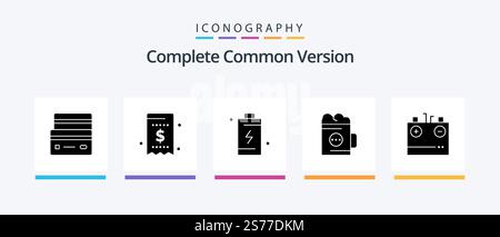 Complete Common Version Glyph 5 Icon Pack Including beverage. alcohol. money. energy. charge. Creative Icons Design Stock Vector