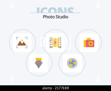 Photo Studio Flat Icon Pack 5 Icon Design. camera. player. crop. multimedia. media Stock Vector