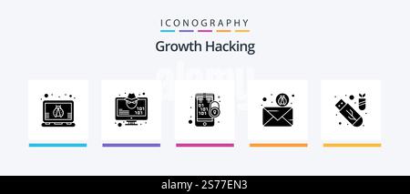 Hacking Glyph 5 Icon Pack Including attack. virus. encryption. spam. forward. Creative Icons Design Stock Vector