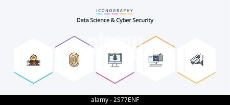 Data Science And Cyber Security 25 FilledLine icon pack including security. chat. scan. security. bug Stock Vector