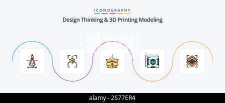 Design Thinking And D Printing Modeling Line Filled Flat 5 Icon Pack Including object. globe. box. web. brower Stock Vector