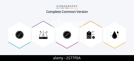 Complete Common Version 25 Glyph icon pack including blood. label. save. add. location Stock Vector