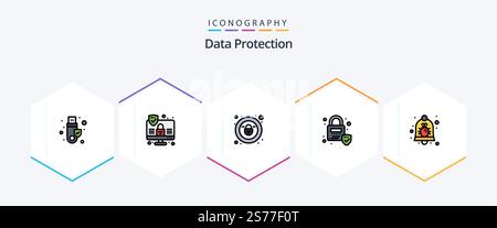 Data Protection 25 FilledLine icon pack including security. bell. padlock. alarm. security Stock Vector