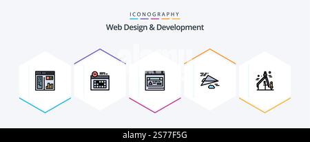Web Design And Development 25 FilledLine icon pack including graphic. design. interface. design. plane Stock Vector