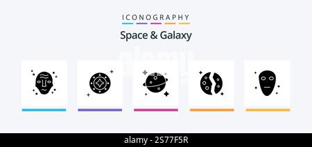Space And Galaxy Glyph 5 Icon Pack Including planet. destroyed. space. astronomy. saturn. Creative Icons Design Stock Vector