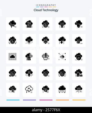 Creative Cloud Technology 25 Glyph Solid Black icon pack  Such As cloud. location. package. private. secure Stock Vector