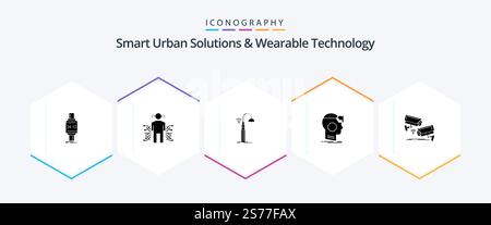 Smart Urban Solutions And Wearable Technology 25 Glyph icon pack including googles. technology. data. smart. street Stock Vector