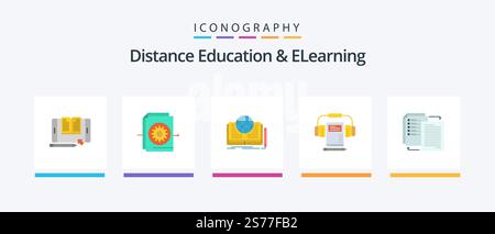 Distance Education And Elearning Flat 5 Icon Pack Including book. audio. settings. music. story. Creative Icons Design Stock Vector