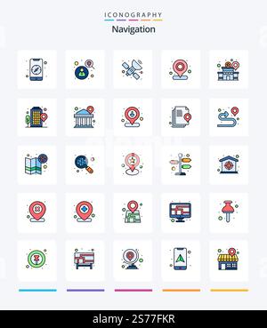 Creative Navigation 25 Line FIlled icon pack  Such As police. building. satellite. map. gps Stock Vector