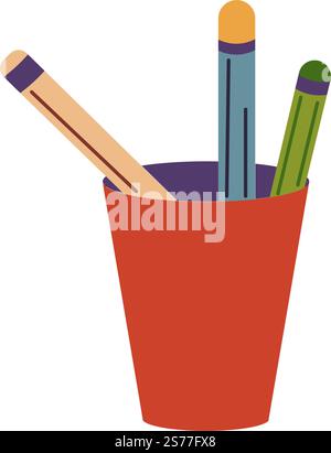 Cup with pens and pencils for writing, isolated school supplies. Education and studies, objects for lessons and classes. Drawing and writing down with instruments. Vector in flat style illustration. School supplies, cup with pencil and pens vector Stock Vector