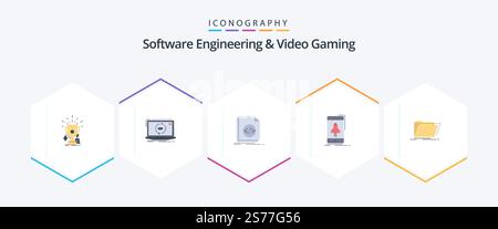 Software Engineering And Video Gaming 25 Flat icon pack including start. game. software. script. file Stock Vector