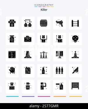 Creative Killer 25 Glyph Solid Black icon pack  Such As barbed. pistol. police. gun. prison Stock Vector