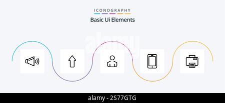 Basic Ui Elements Line 5 Icon Pack Including printed. printer. male. call. mobile Stock Vector
