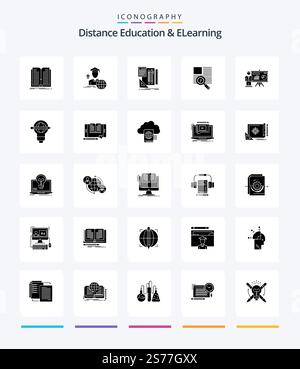 Creative Distance Education And Elearning 25 Glyph Solid Black icon pack  Such As office. reading. stationary. zoom. line Stock Vector