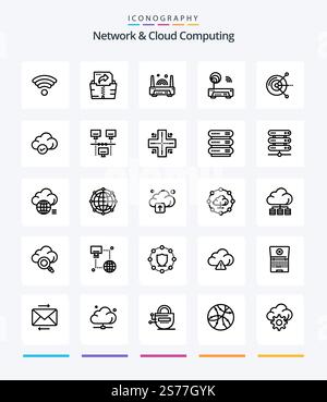 Creative Network And Cloud Computing 25 OutLine icon pack  Such As technology. safe. router. cloud. disk Stock Vector