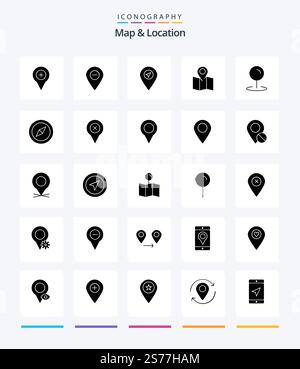 Creative Map & Location 25 Glyph Solid Black icon pack  Such As pin. map. marker. location. pointer Stock Vector
