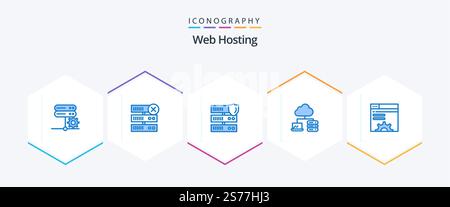 Web Hosting 25 Blue icon pack including web brower. server. network. data. network Stock Vector