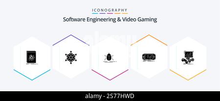 Software Engineering And Video Gaming 25 Glyph icon pack including game. console. games. virus. insect Stock Vector
